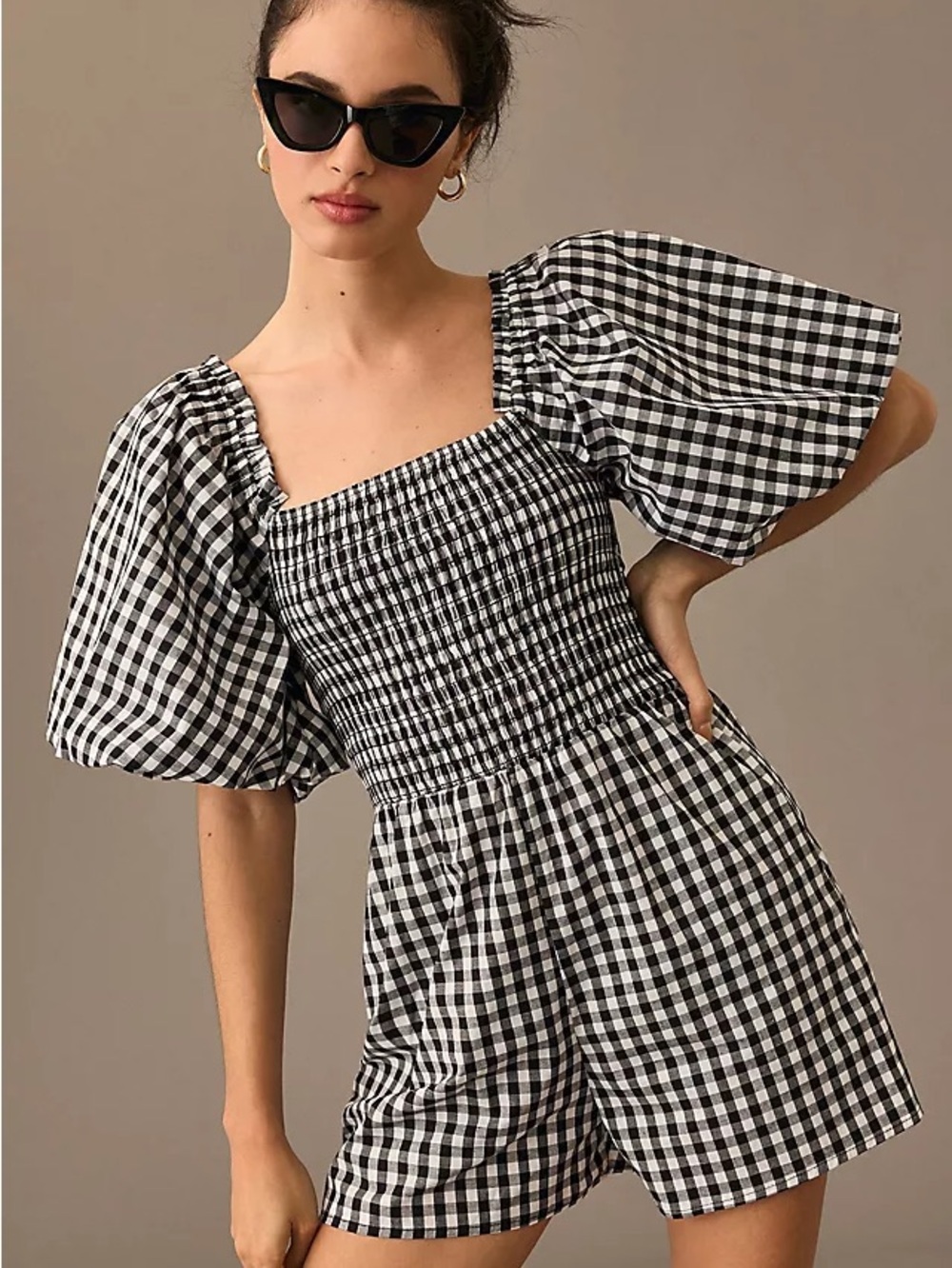 Anthropologie Self Contrast Gingham Puff Sleeve Romper – Size M NWT